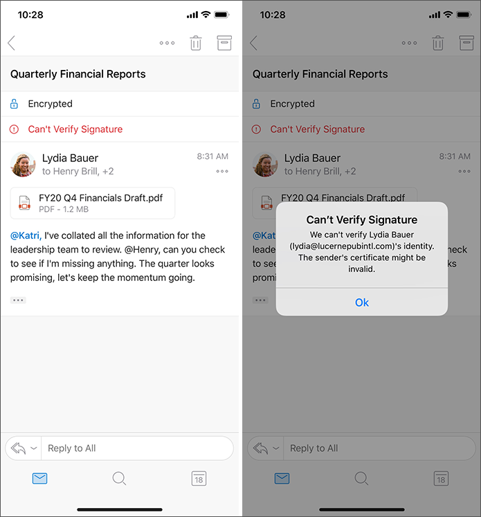 Screenshot of Outlook for iOS cert error on received message.