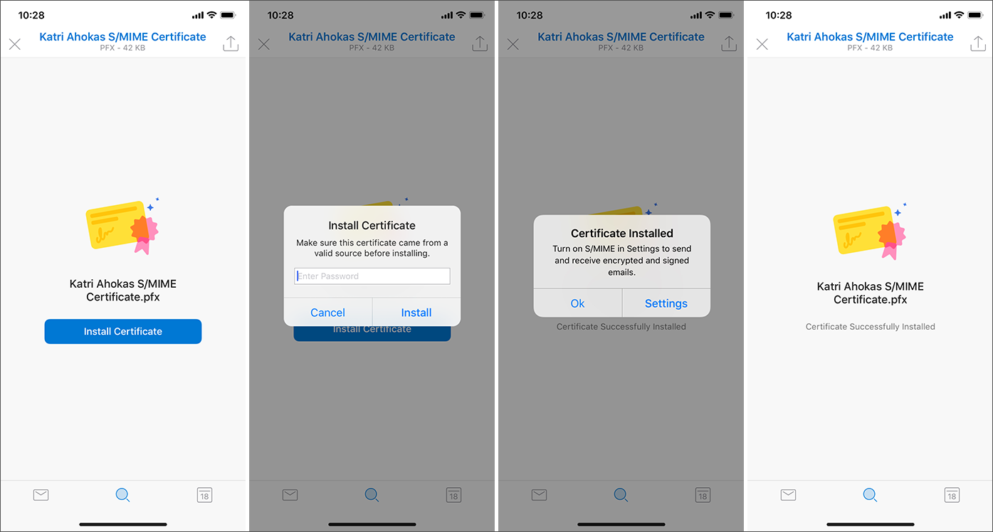Screenshots showing manual certificate installation on iOS.