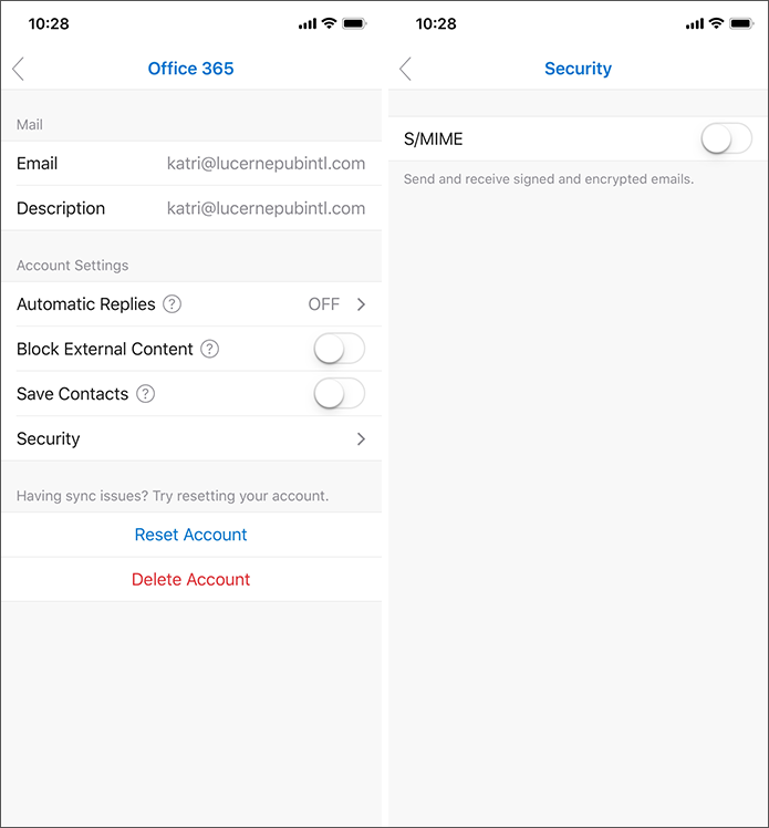 Screenshots showing Outlook for iOS S/MIME security settings.