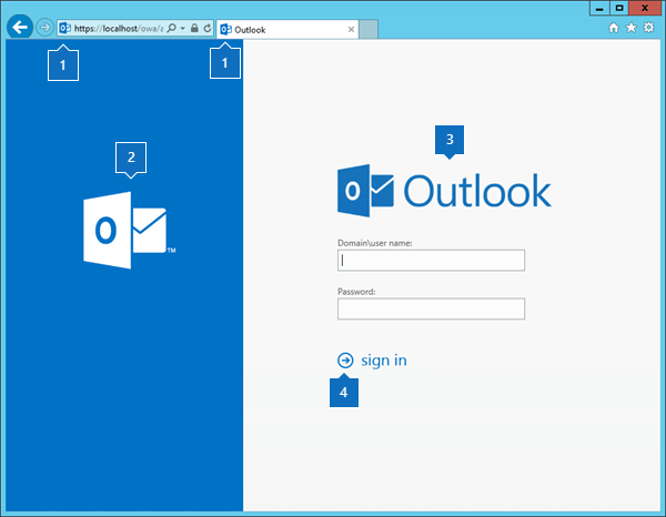 Outlook on the Web sign-in page with element call-outs.
