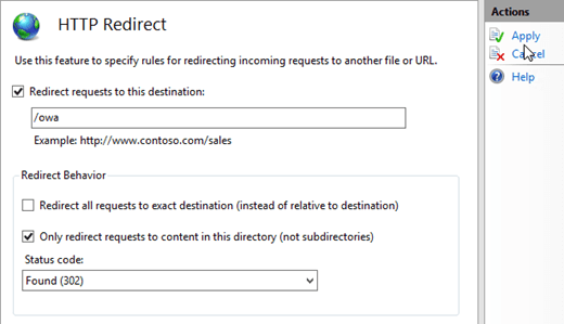 In IIS Manager, select the default web site, and then double-click HTTP Redirect.