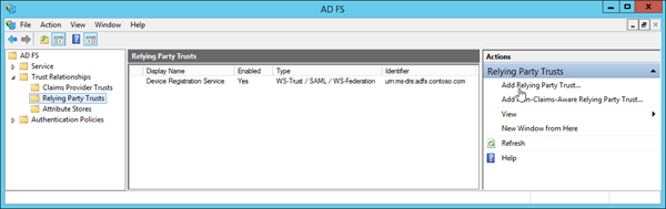 In the AD FS Management console, expand Trust Relationships, and select Add Relying Party Trust in the Action pane.