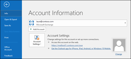 The Account Information page in Outlook 2016.
