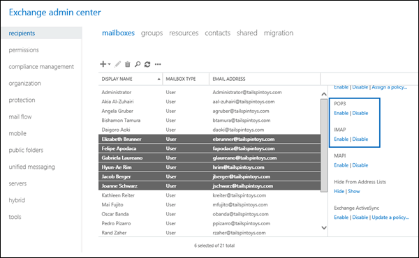 Enable or disable POP3 or IMAP4 access to mailboxes in Exchange Server |  Microsoft Learn