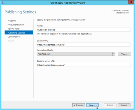 Publishing settings for Outlook on the web on the Relying Party page in the Publish New Application Wizard on the Web Application Proxy server.