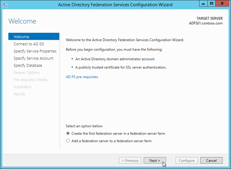 The Welcome page in the Active Directory Federation Services Configuration Wizard.