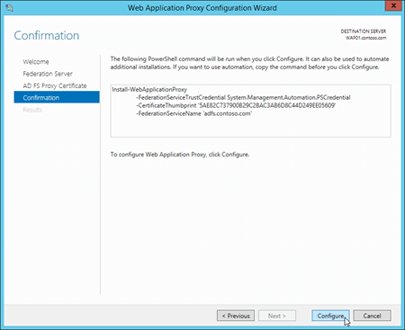 The Confirmation page in the Web Application Proxy Configuration Wizard.