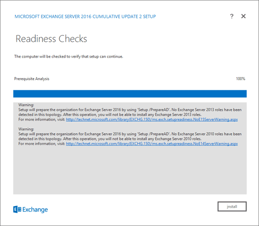 Exchange Setup, Readiness Check page with errors resolved.