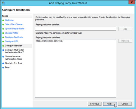The settings for Outlook on the web on the Configure Identifiers page in the Add Relying Party Trust Wizard.