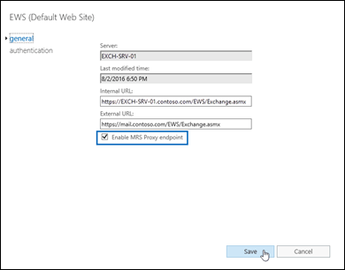 In the EAC, on the General tab in the properties of the EWS virtual directory, select Enable MRS Proxy endpoint.