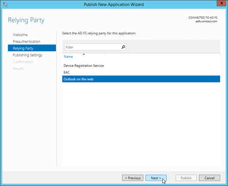 Select the relying party on the Relying Party page in the Publish New Application Wizard on the Web Application Proxy server.