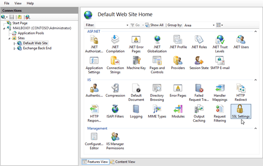 In IIS Manager, select the default website, and then select SSL Settings.