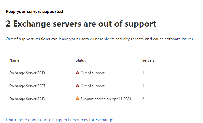 out of support exchange servers