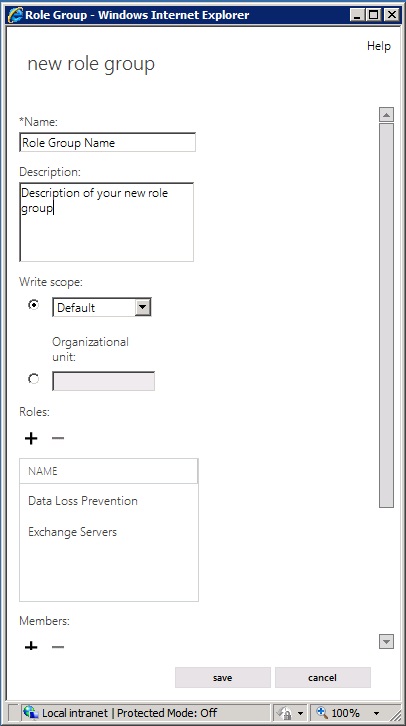 New role group dialog box in the EAC.