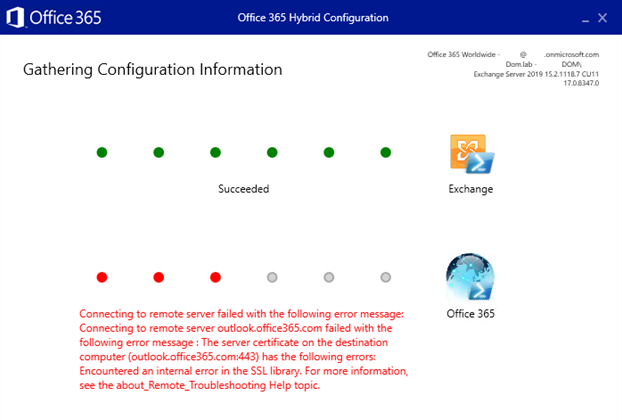 Hybrid Configuration wizard doesn't connect to Office 365 - Exchange |  Microsoft Learn