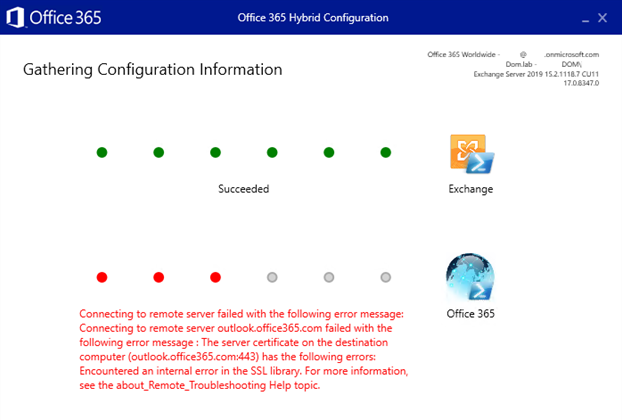 Screenshot of the error message in the Gathering Configuration Information view of Hybrid Configuration wizard.