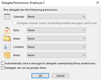 Screenshot of the Delegate Permissions dialog box showing None.