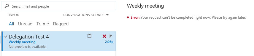 Screenshot of the meeting request error.