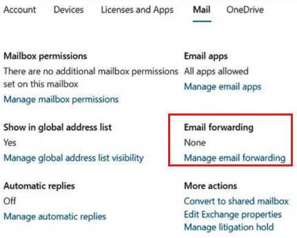 Screenshot of checking forwarding SMTP address using the Microsoft 365 Portal.