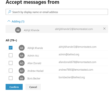 Screenshot of the Accept messages from window on which the specific senders are chosen.