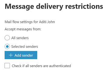Screenshot of the Message delivery restrictions window. The Add sender button is highlighted.