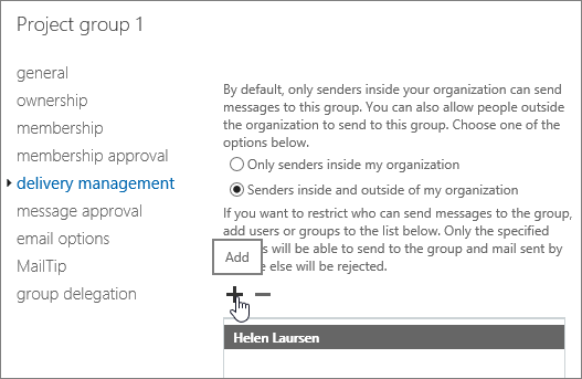 Screenshot of the delivery management page in which the add icon is highlighted.