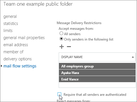 Screenshot of the custom allowed sender list for a public folder.