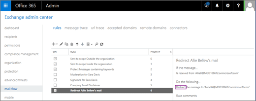 Screenshot of the Rules page in Classic Exchange admin center