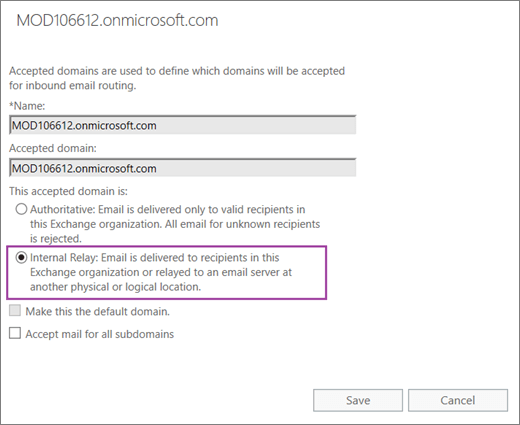 Screenshot shows the Accepted Domain dialog with the Internal Relay option selected for the specified accepted domain.