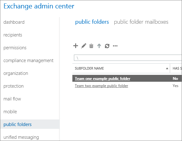 Screenshot of public folder lists under the Public folders tab.