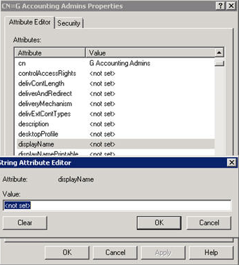 Screenshot of the Accounting Admin Properties dialog box showing the Attribute Editor tab and the displayName attribute.