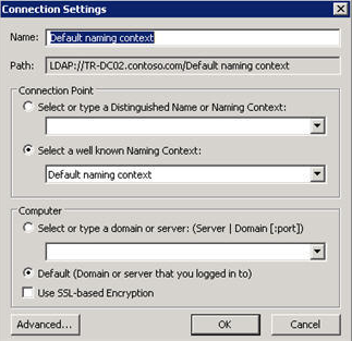 Screenshot of the Connection Settings dialog box selecting a well known Naming Context and the Default naming context.