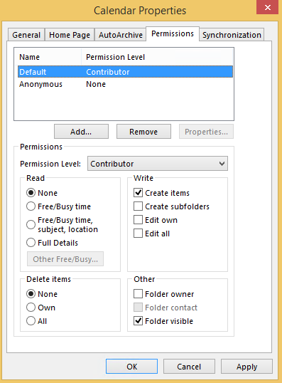 Screenshot shows the Free/busy setting is set to None when the default calendar permission level is set to Contributor.