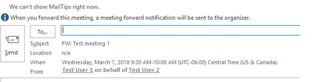 Screenshot of a warning when forwarding a meeting invite for a non-mailbox-enabled recipient.