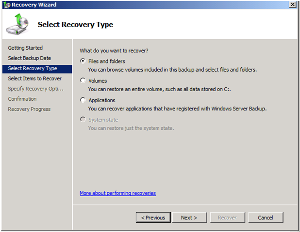 Screenshot of the window for Select Recovery Type.