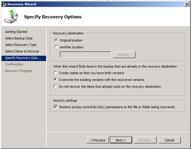Screenshot of the window for Specify Recovery Options.