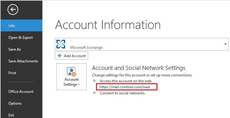 Screenshot of the Info page in Outlook where you can find the URL. In this example, it's https://mail.contoso.com/owa.