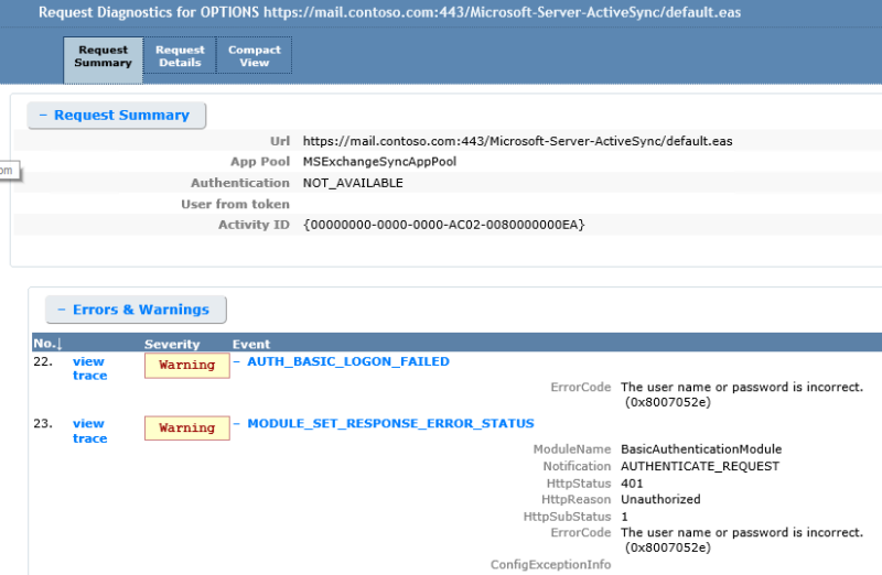 Screenshot of the failed request tracing logs.