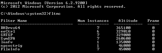Screenshot shows the output of the fltmc command.