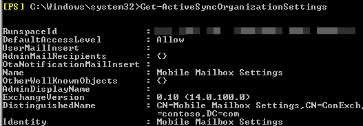 Screenshot shows an example of running the Get-ActiveSyncOrganizationSettings cmdlet.