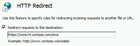 Screenshot of the H T T P Redirect page in the I I S Manager window.