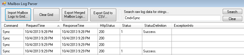 Screenshot of the Search raw log data for strings box in Mailbox Log Parser.