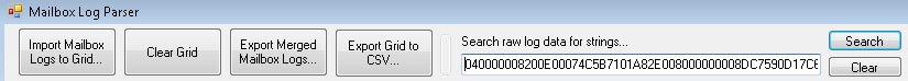 Screenshot of Search raw log data for strings box in Mailbox Log Parser.