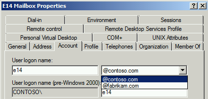 Screenshot of the drop-down list for the User logon name section under the Account tab.