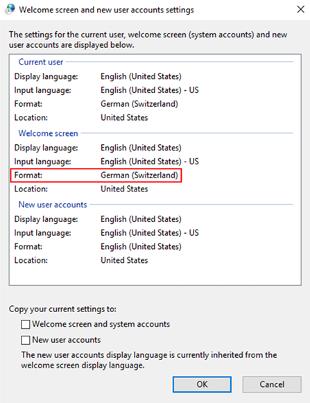 Screenshot of the Welcome screen and new user accounts settings dialog box with the language format for the welcome screen highlighted.