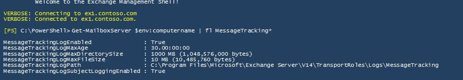Screenshot of running cmdlet to verify message tracking is on.