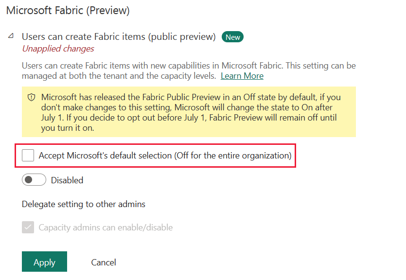 Screenshot of the Microsoft Fabric tenant setting with the accept Microsoft's default selection checkbox unchecked.