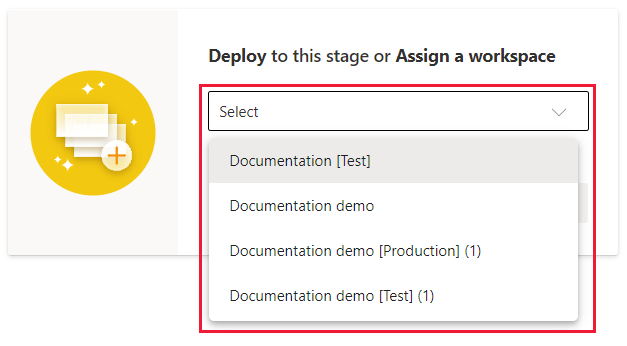 A screenshot showing the assign workspace dropdown in a deployment pipelines empty stage.