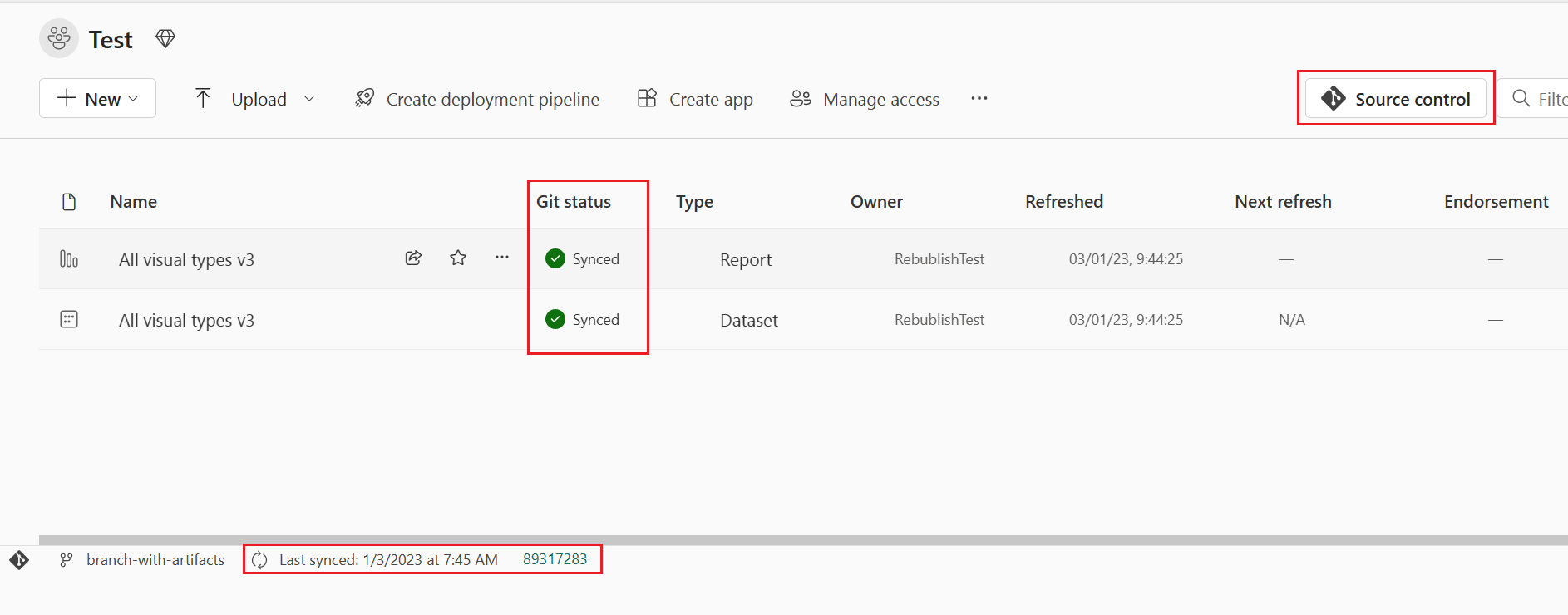 Screenshot of source control icon and other Git information.