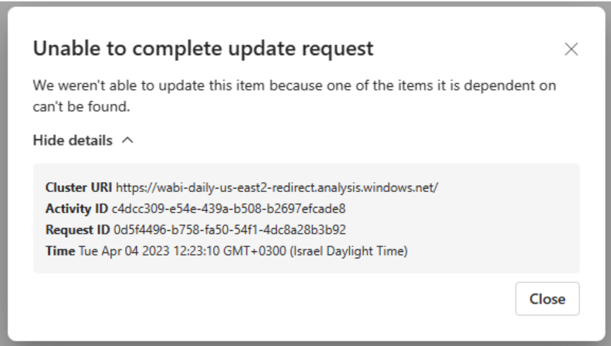 Screenshot of error message when undo fails because dependency isn't found.